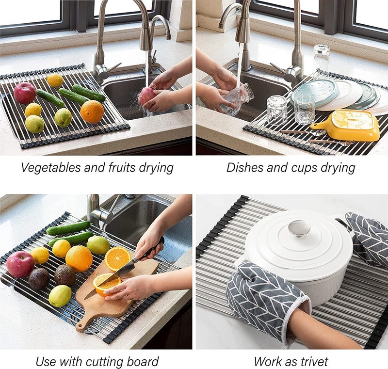 Snevad Foldable Drain Rack Kitchen Sink Shelf Stainless Steel Multi Function Roll Up Dish Drying Folding Wash Drainer Tray Steel RollUp Crockery Vegetable Utensils RackFruit Stand - Image 5