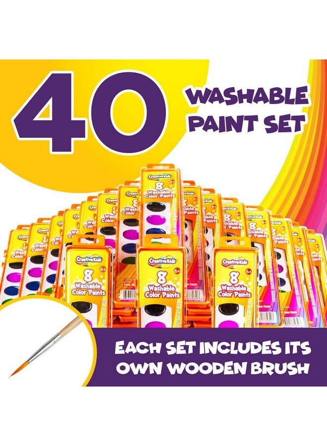 Creative Kids Creative Kids Bulk Washable Watercolor Paint Set - 40 Pack w/ 8 Assorted Water Color Paints & Wooden Brush - Classroom Art Supplies - Image 3