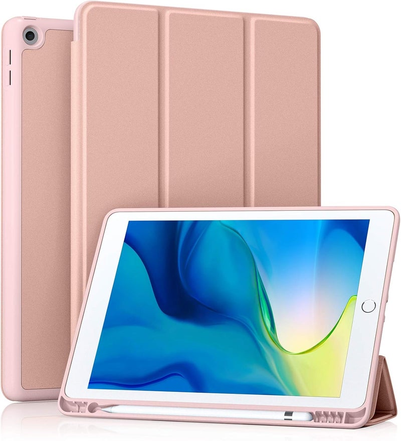 Akkerds Case Compatible with iPad 10.2 Inch 2021/2020/2019, for iPad 9th/8th/7th Generation Case with Pencil Holder, Protective with Soft TPU Back, Auto Sleep/Wake Cover, Rose Pink - Image 1