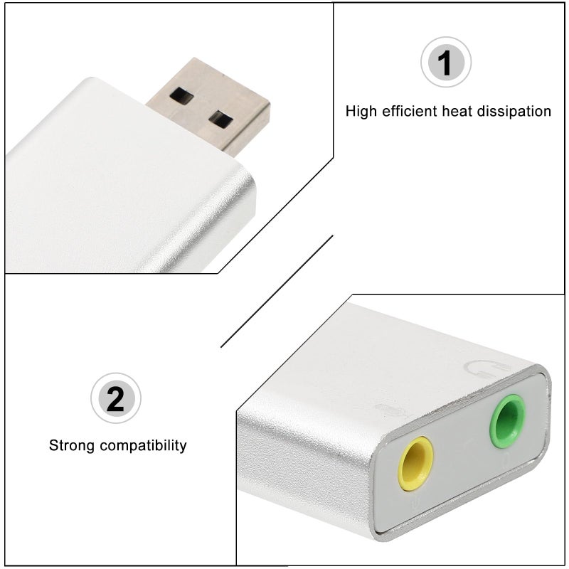 محول صوت USB 7.1 بطاقة صوت خارجية باللون الفضي مع مقبس سماعة وميكروفون لأجهزة الكمبيوتر المحمولة والبث المباشر - Image 4