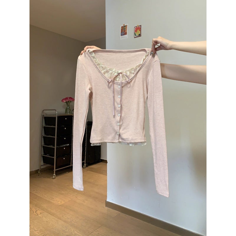 Early Spring Fake Two-Piece Pink Lace Stitching Long-Sleeved T-Shirt Women'S Pure Inner Base Shirt Bm Top - Image 3