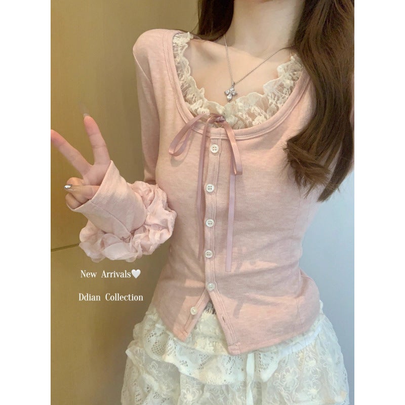 Early Spring Fake Two-Piece Pink Lace Stitching Long-Sleeved T-Shirt Women'S Pure Inner Base Shirt Bm Top - Image 2