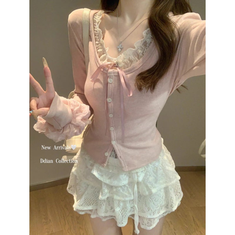 Early Spring Fake Two-Piece Pink Lace Stitching Long-Sleeved T-Shirt Women'S Pure Inner Base Shirt Bm Top - Image 5