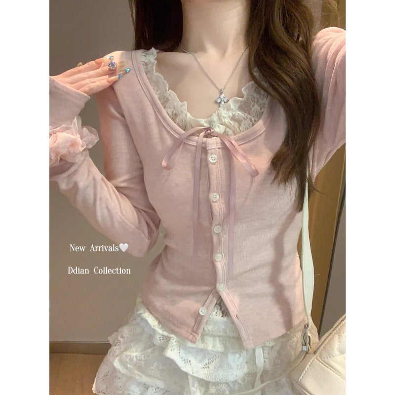 Early Spring Fake Two-Piece Pink Lace Stitching Long-Sleeved T-Shirt Women'S Pure Inner Base Shirt Bm Top - Image 4