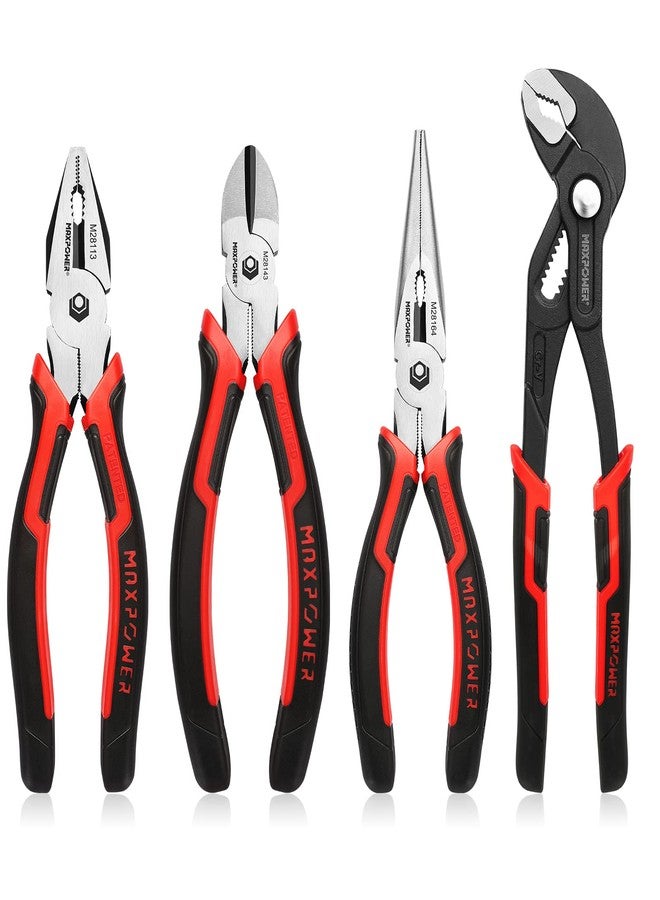 MAXPOWER 4-Piece Pliers Set: 8" Lineman, Diagonal Cutters, Needle Nose, 10" Water Pump Pliers - Image 1