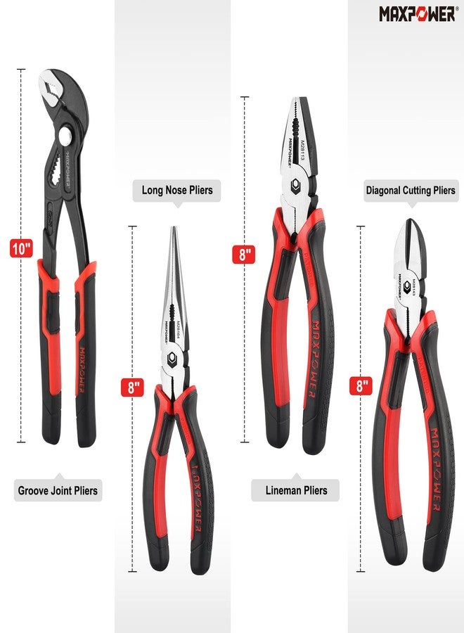 MAXPOWER 4-Piece Pliers Set: 8" Lineman, Diagonal Cutters, Needle Nose, 10" Water Pump Pliers - Image 2