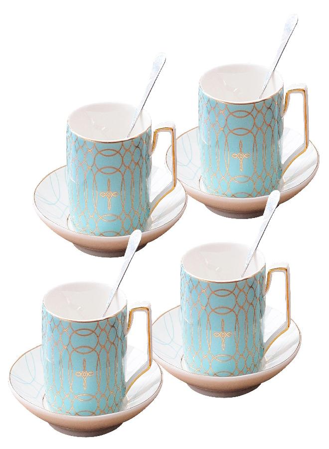 Jusalpha Porcelain Tea Set-Service of 4- Modern Elegant Mint Green Tea Cup and Saucer Set-Coffee Cup Set with Saucer and Spoon,TCS15 (4) (Blue) - Image 1