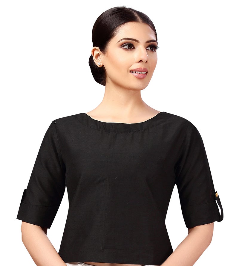 Studio Shringaar Women's Cotton Silk Crop Top Half Sleeve Saree Blouse(Black, 42) - Image 1