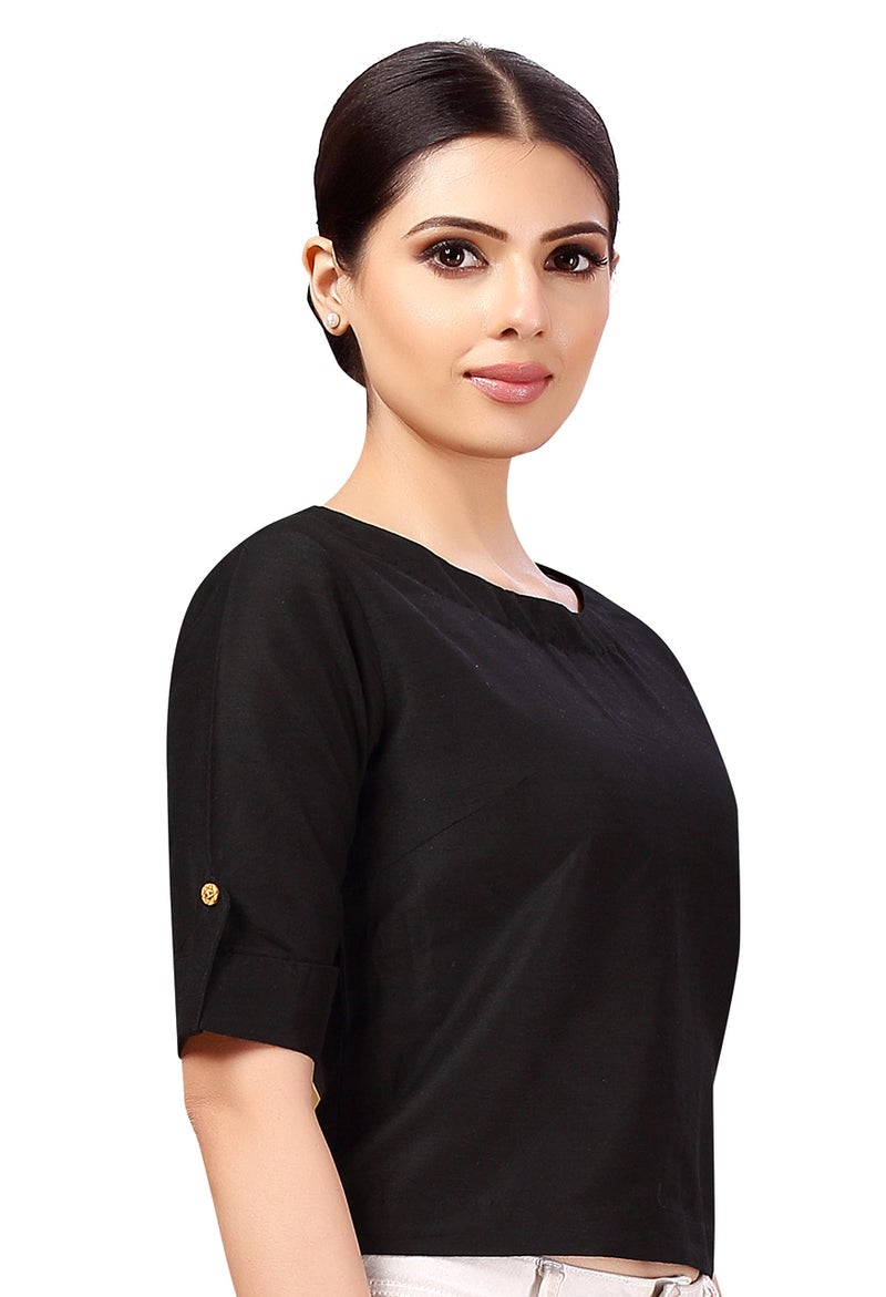 Studio Shringaar Women's Cotton Silk Crop Top Half Sleeve Saree Blouse(Black, 42) - Image 4
