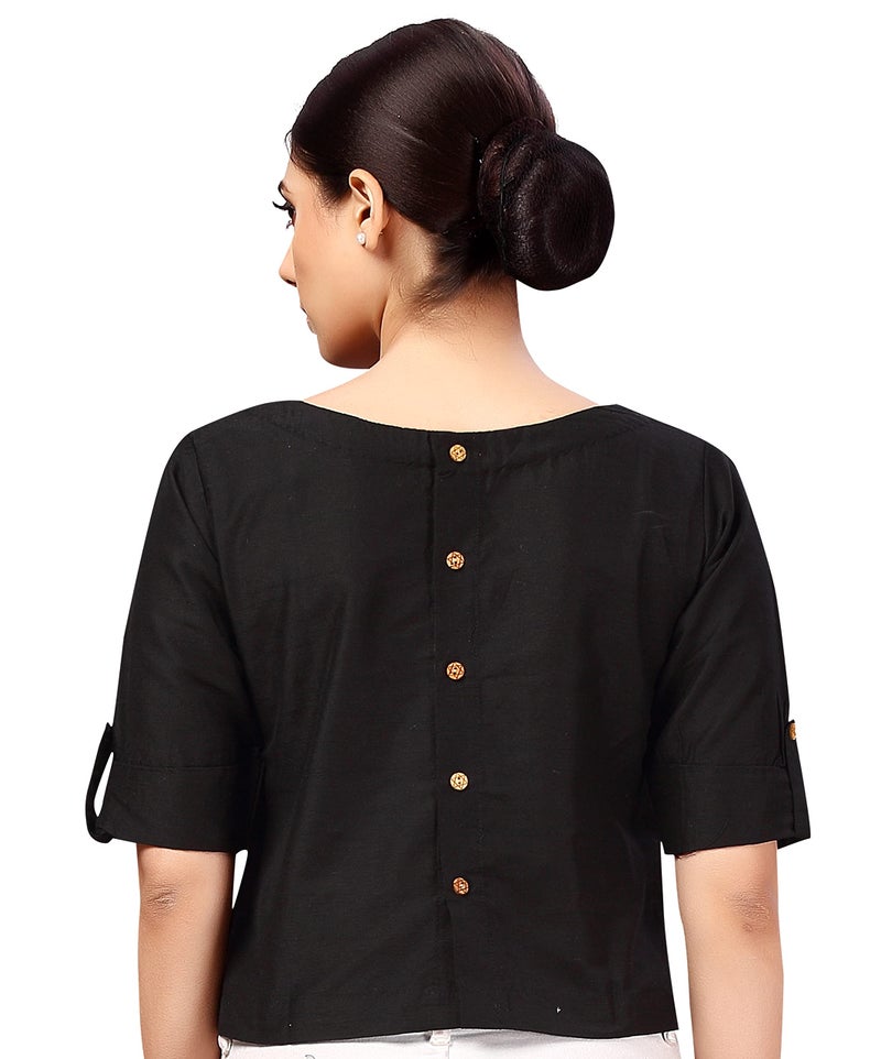 Studio Shringaar Women's Cotton Silk Crop Top Half Sleeve Saree Blouse(Black, 42) - Image 2