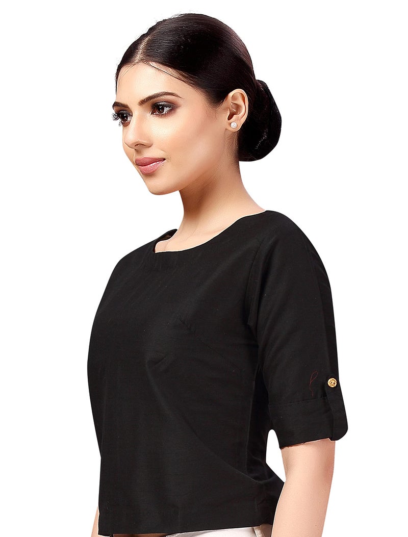 Studio Shringaar Women's Cotton Silk Crop Top Half Sleeve Saree Blouse(Black, 42) - Image 5