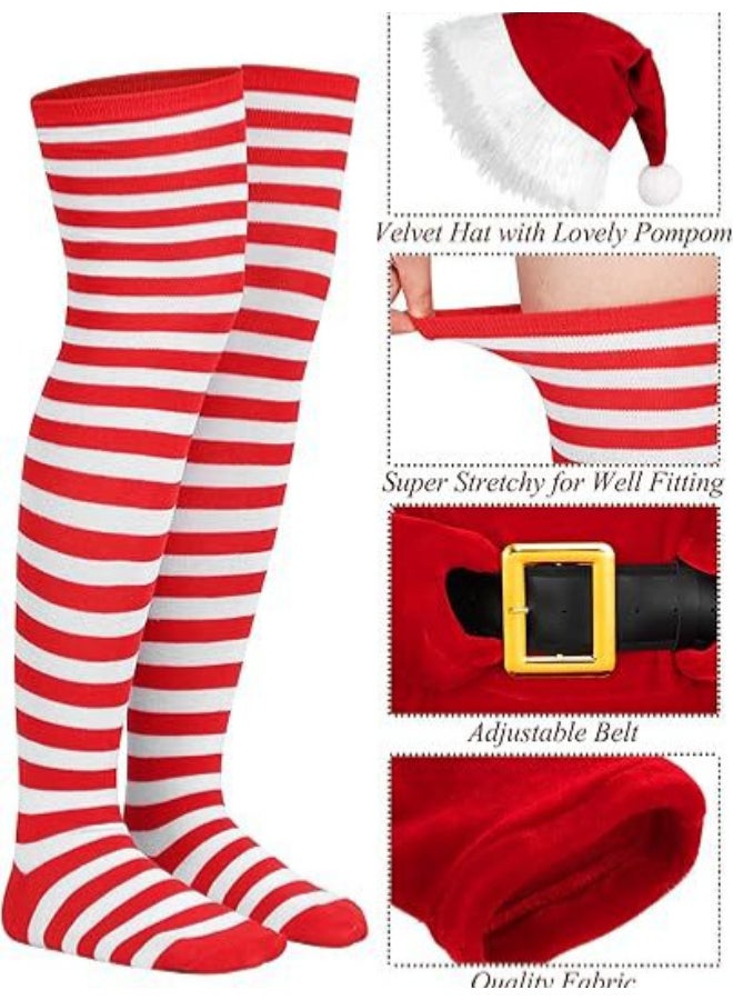 Ciao Children’s Christmas Santa Dress Costume – Velvet Long-Sleeve Dress with Fur Trim, Hat, Gloves, Belt & Candy-Stripe Stockings (Size 140 cm, 10–11 Years) - Image 4