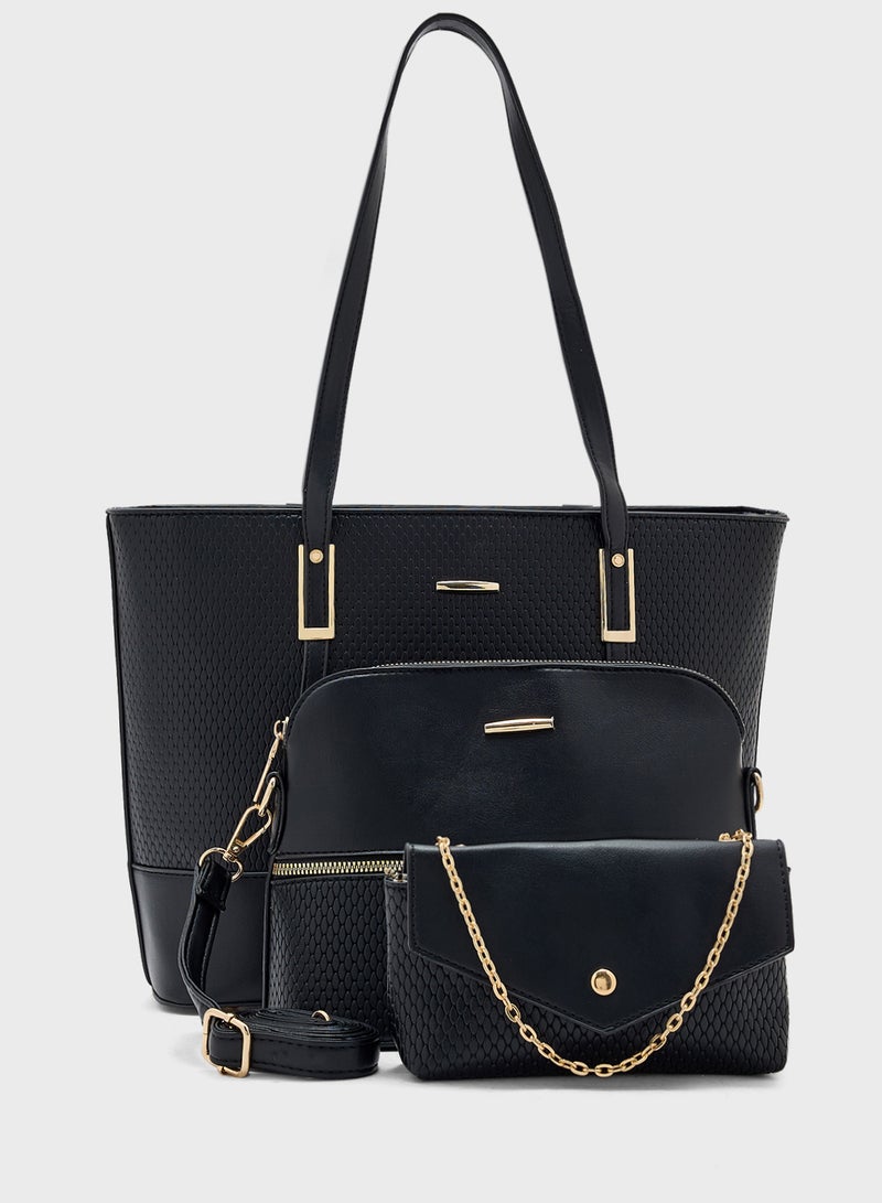 ELLA 3 In 1 Weave Textured Tote Bag With Crosssbody & Wallet - Image 1