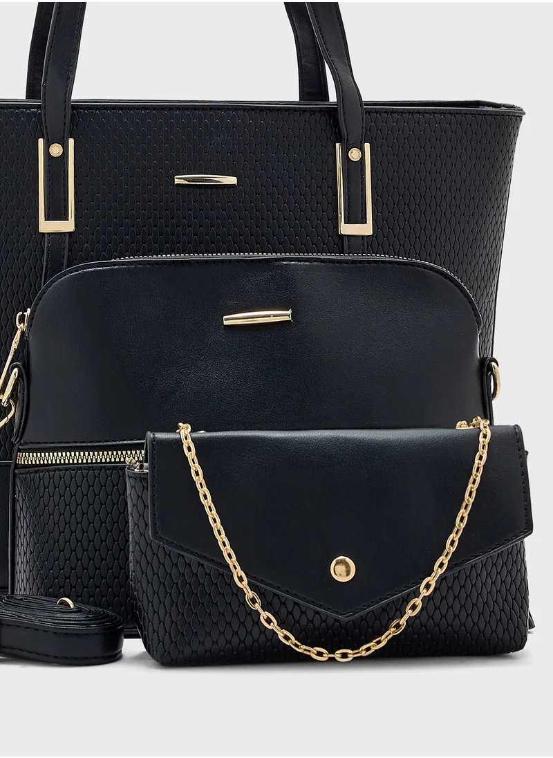 ايلا 3 In 1 Weave Textured Tote Bag With Crosssbody & Wallet