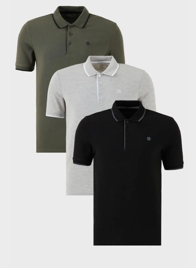 بوراتي تيشيرت رجالي بولو قطن بياقة قميص بقصة ضيقة وتفاصيل مخططة عبوة من  قطع