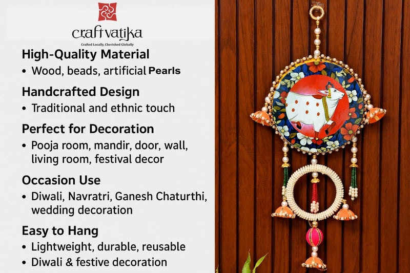 CraftVatika Diwali Decor Items, Pichwai Cow Hanging Latkan for Wall Home Door Decor, Diwali Decoration Items, Jhumki Hanging Decor for Home Festive Decor (41 CM Height) - Image 4