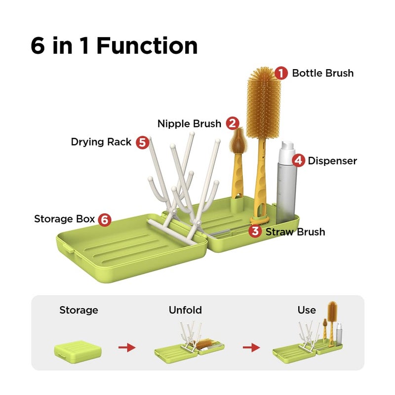 YOTIME Travel Bottle Brush, Travel Bottle Cleaner Kit with Foldable Bottle Drying Rack, for Visit Friends and Relations, Baby Travel Essentials, BPA Free, Green - Image 3