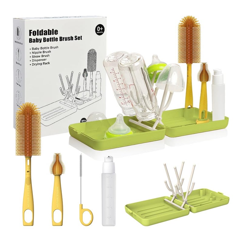 YOTIME Travel Bottle Brush, Travel Bottle Cleaner Kit with Foldable Bottle Drying Rack, for Visit Friends and Relations, Baby Travel Essentials, BPA Free, Green - Image 1