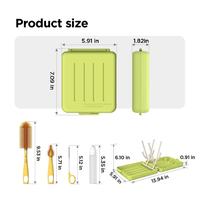 YOTIME Travel Bottle Brush, Travel Bottle Cleaner Kit with Foldable Bottle Drying Rack, for Visit Friends and Relations, Baby Travel Essentials, BPA Free, Green - Image 2