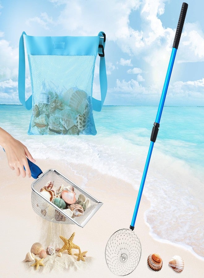 Liliful 3 Pcs Shelling Tools for Beach 28" Shark Tooth Sifter Long Handle Beach Sand Sifter Mesh Shovel with Seashell Bags Detachable Shell Scooper for Familys(Blue) - Image 1