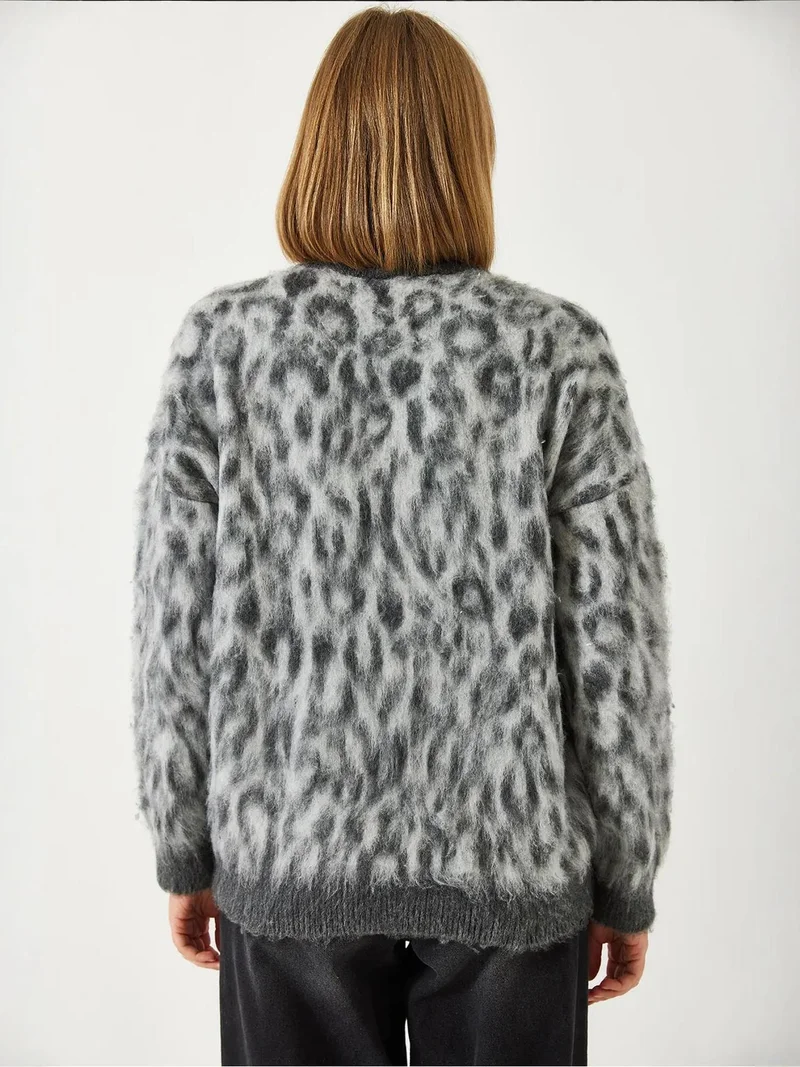 Bianco Lucci Multicolor LUCCI Leopard Print Crew Neck Knitted Sweater for Women | Best Price UAE