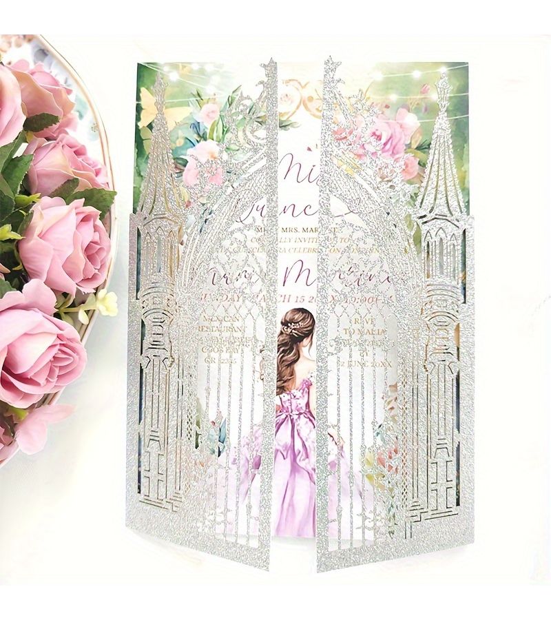 25 Silvery Glitter Laser Cut Wedding Invitation Cards Fairytale Castle Design - Image 4
