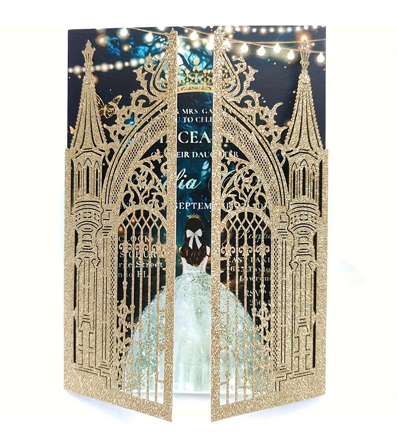 25 Silvery Glitter Laser Cut Wedding Invitation Cards Fairytale Castle Design - Image 1