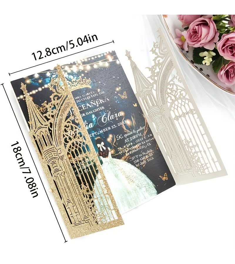 25 Silvery Glitter Laser Cut Wedding Invitation Cards Fairytale Castle Design - Image 3