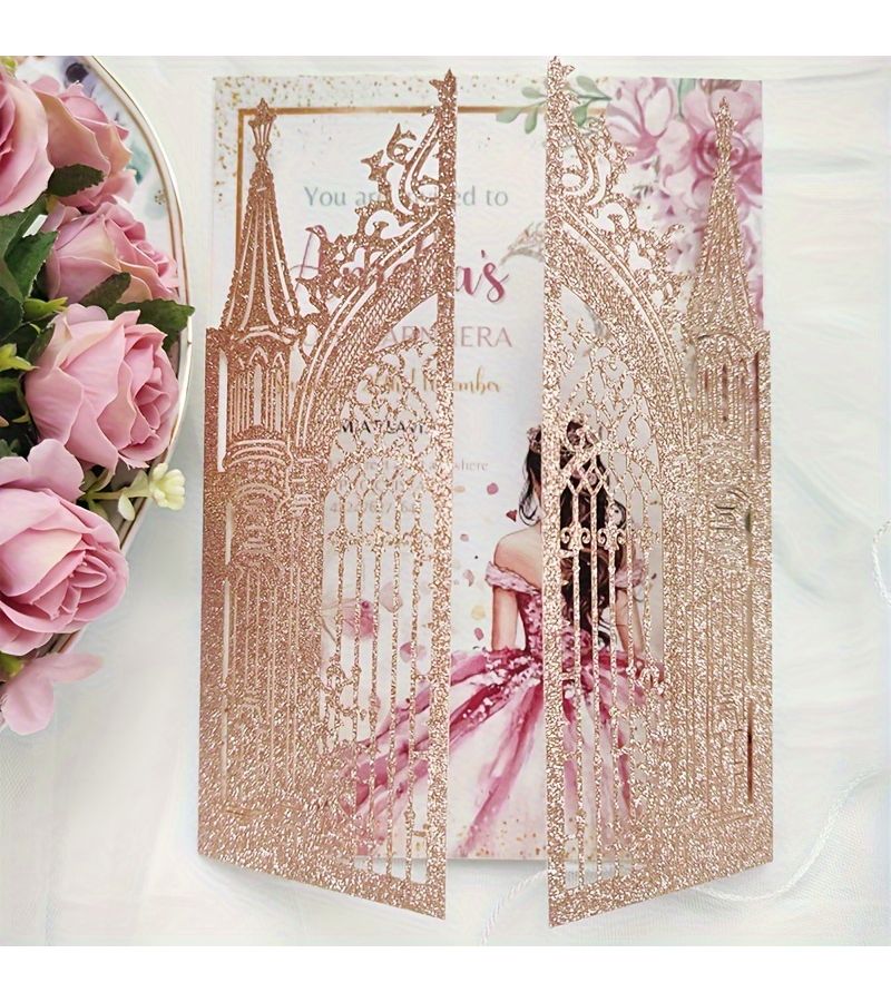 25 Silvery Glitter Laser Cut Wedding Invitation Cards Fairytale Castle Design - Image 2