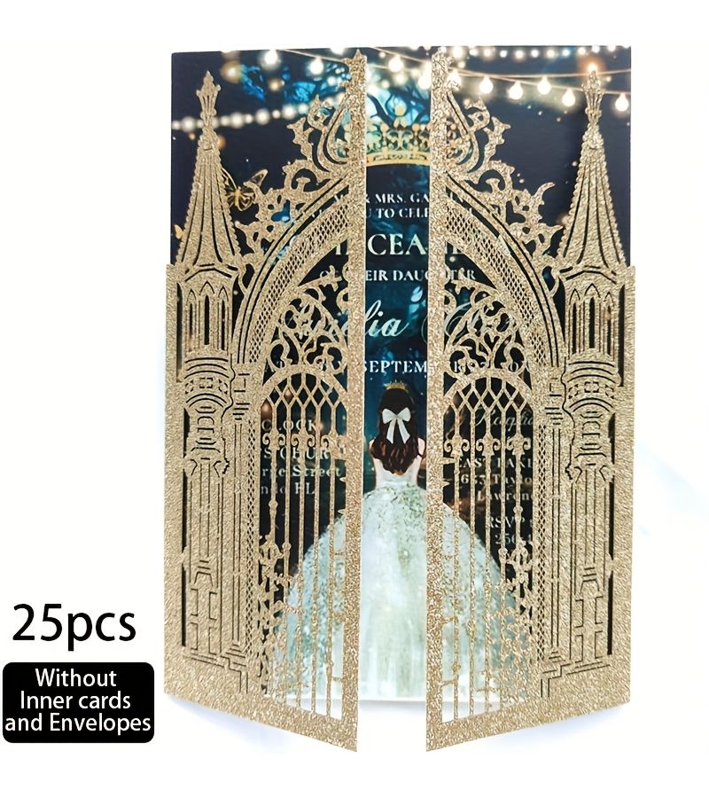 25 Silvery Glitter Laser Cut Wedding Invitation Cards Fairytale Castle Design - Image 5