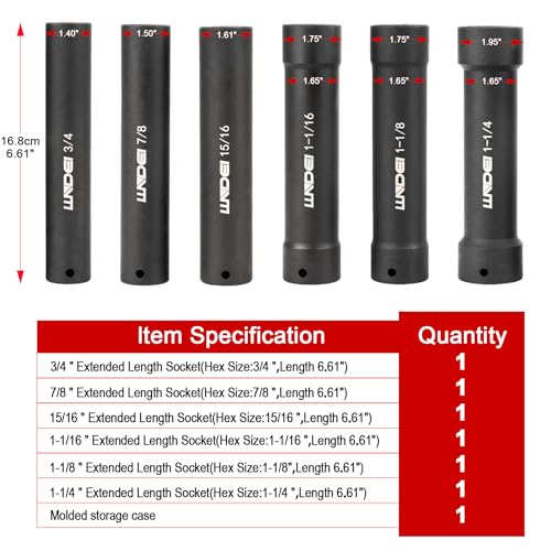 LLNDEI 1/2 Inch Drive Extended Length Impact Socket Set 6PCS Extra Deep Socket Set Include Sizes 3/4", 7/8", 15/16", 1-1/16", 1-1/8", 1-1/4" for High Torque Use - Image 2