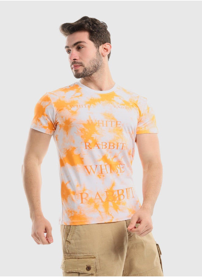 WHITE RABBIT - Neon Orange "White Rabbit" Printed On White & Orange Tie-Dye Tee - Image 1