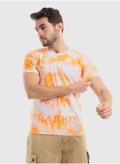 Neon Orange "White Rabbit" Printed On White & Orange Tie-Dye Tee
