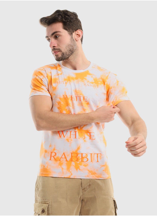 WHITE RABBIT - Neon Orange "White Rabbit" Printed On White & Orange Tie-Dye Tee - Image 1