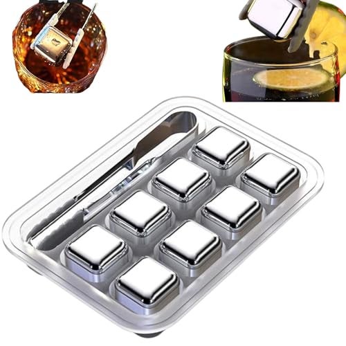 THW® Stainless Steel Pack of 8 Reusable Ice Cubes Chilling Stones with Tong & Freezer Storage Tray for Whiskey, Wine & Soft Drinks - Image 1