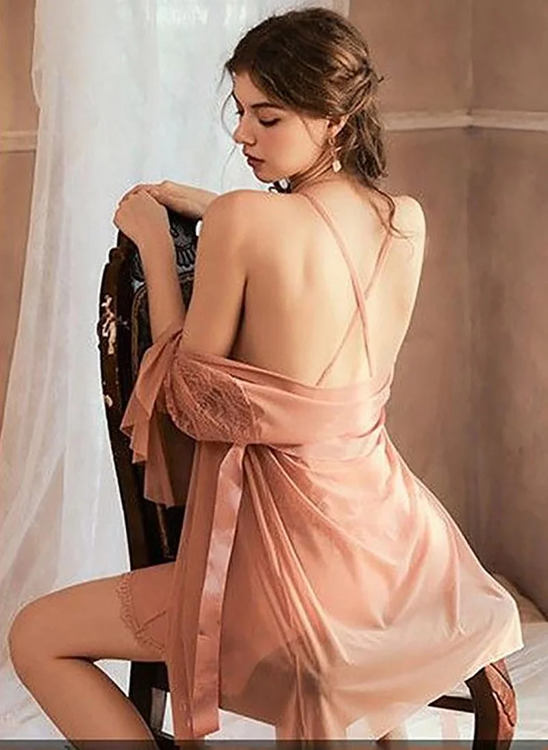 يونيكي Peach Solid Sleeveless Babydoll With Brifes