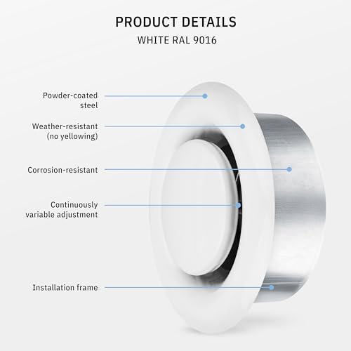 calimaero® TVSA 4 Inch AC Vent Cover Round Adjustable Steel Air Vent Deflector Inline Bathroom Air Duct Vent Cover Grille Exhaust White RAL 9016 HVAC - Image 3