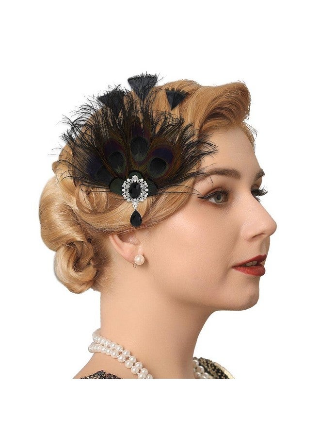 GENBREE 1920S Flapper Feather Hair Clip Black Peacock Headpiece Great Gatsby Feather Headband Rhinestone Feather Hairband Prom Party Roaring 20S Hair Accessories For Women  - Image 2