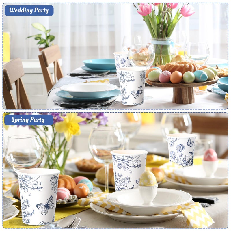 Maxcheck Maxcheck 100 Pcs Floral Party Supplies Bulk Spring Flower Paper Cup Disposable 9 oz Flowers Drinking Coffee Cup for Tea Party Hot Cold Drinks Wedding Birthday Bridal Baby Shower(Blue and White Flower)  - Image 3