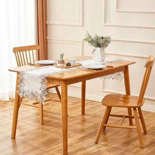 Raedan White Linen Table Runner 72 inches Long, Neutral Earth Tones Beige Lace Vinyl Dresser Scarf for Kitchen Coffee Table Wedding Party Home Decor (White, 16”x72”) - Image 3
