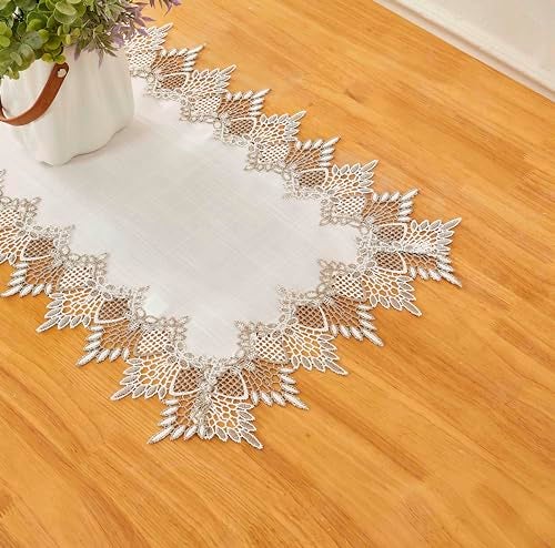 Raedan White Linen Table Runner 72 inches Long, Neutral Earth Tones Beige Lace Vinyl Dresser Scarf for Kitchen Coffee Table Wedding Party Home Decor (White, 16”x72”) - Image 5