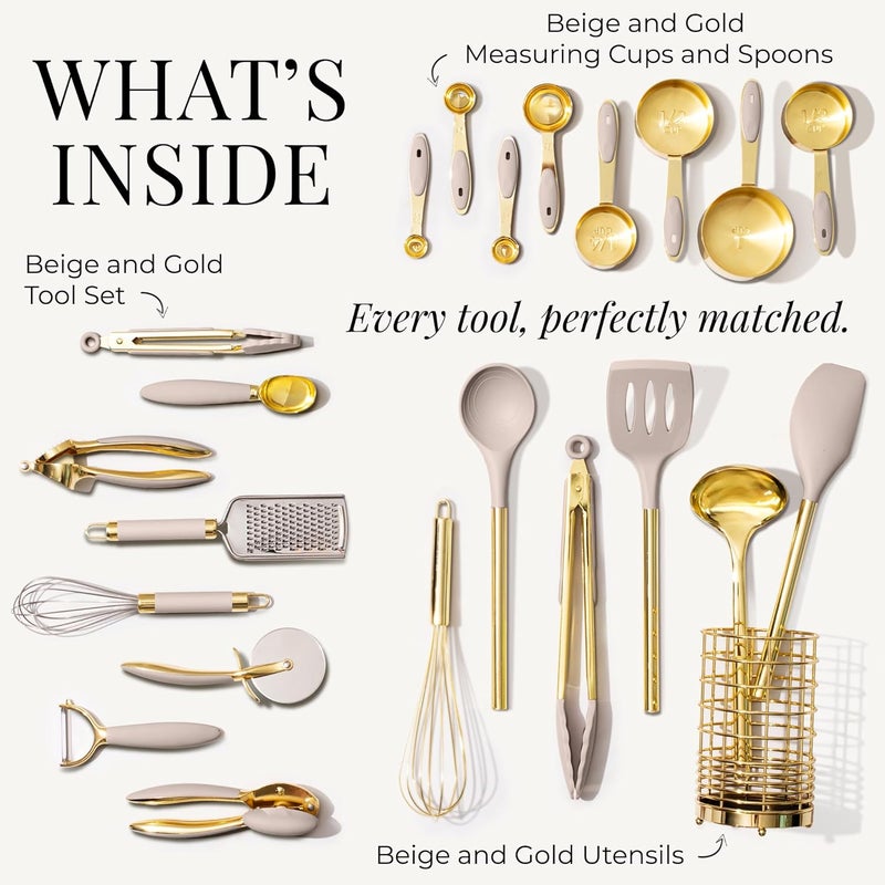 styled settings 23-Piece Beige and Gold Utensils Set – Silicone Nonstick Cooking Tools with Garlic Press, Can Opener, Measuring Cups, Utensil Holder – Luxury Kitchen Accessories for Modern Homes - Image 3