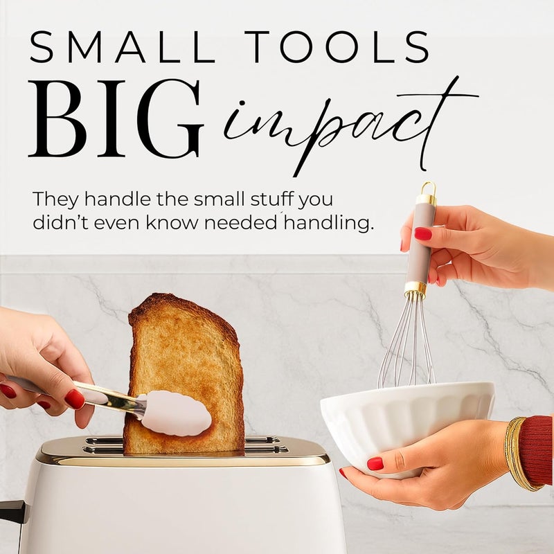 styled settings 23-Piece Beige and Gold Utensils Set – Silicone Nonstick Cooking Tools with Garlic Press, Can Opener, Measuring Cups, Utensil Holder – Luxury Kitchen Accessories for Modern Homes - Image 4