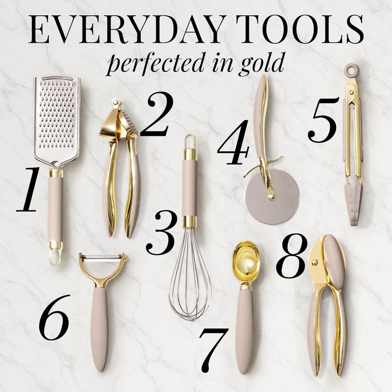 styled settings 23-Piece Beige and Gold Utensils Set – Silicone Nonstick Cooking Tools with Garlic Press, Can Opener, Measuring Cups, Utensil Holder – Luxury Kitchen Accessories for Modern Homes - Image 5