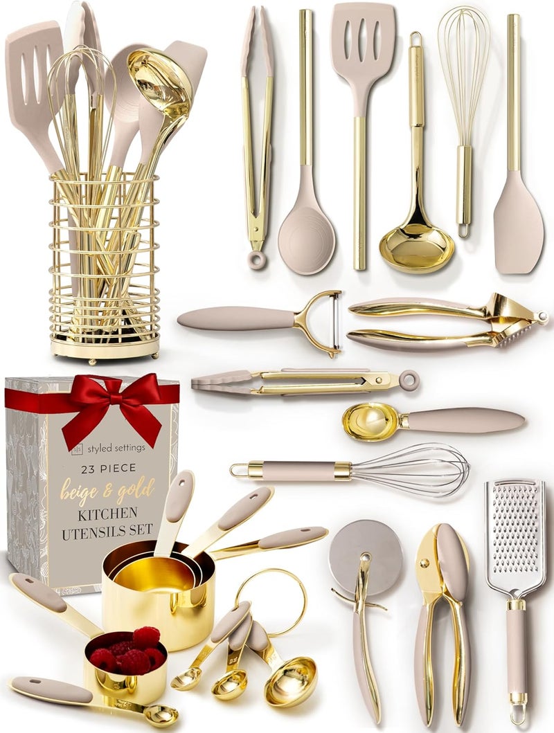 styled settings 23-Piece Beige and Gold Utensils Set – Silicone Nonstick Cooking Tools with Garlic Press, Can Opener, Measuring Cups, Utensil Holder – Luxury Kitchen Accessories for Modern Homes - Image 1