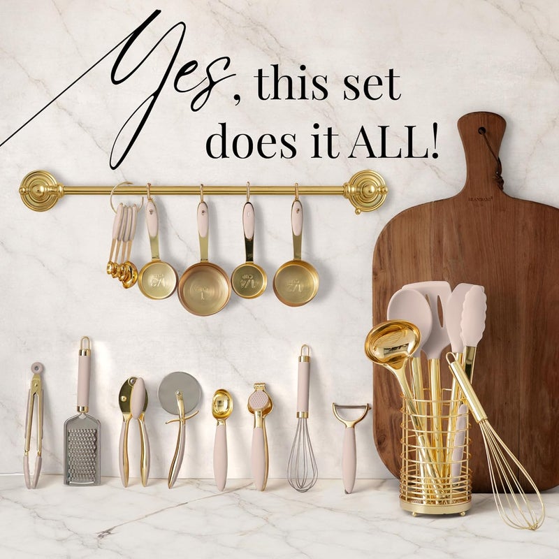 styled settings 23-Piece Beige and Gold Utensils Set – Silicone Nonstick Cooking Tools with Garlic Press, Can Opener, Measuring Cups, Utensil Holder – Luxury Kitchen Accessories for Modern Homes - Image 2