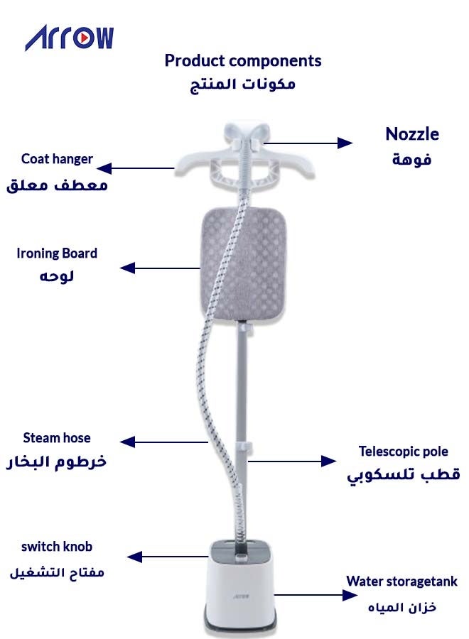 Arrow Garment Steamer 2000W 1.8L Water Tank – Fast 45s Heat-Up, Continuous Steam 38-40g/min, 10 Fabric Modes, Overheat Protection – RO-18GSH Gray/White - Image 3