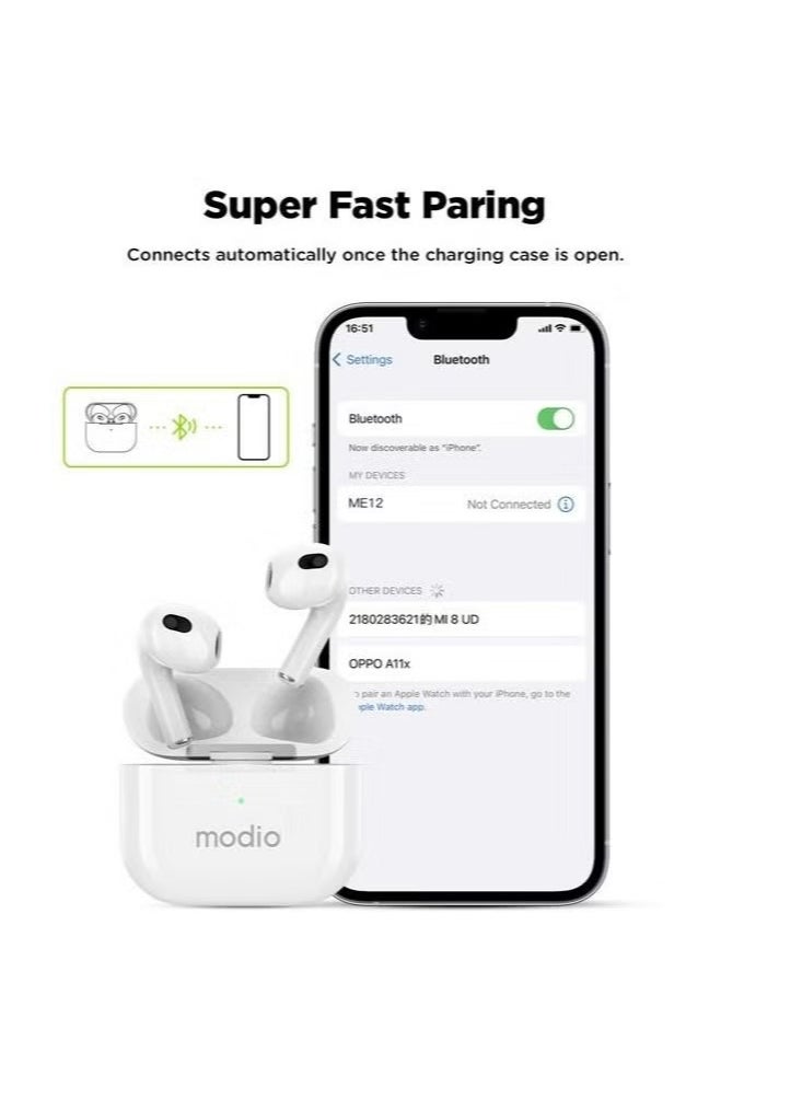 modio - ME12 Bluetooth Wireless Earphone || Premium Stereo Sound, Comfortable Fit, Long Battery Life, Noise Isolation, Touch Controls – Perfect for Android, iOS, and Bluetooth Devices – Ideal for Music, Calls & Hands-Free Use – White - Image 1