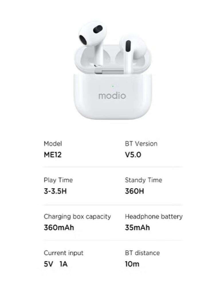 modio - ME12 Bluetooth Wireless Earphone || Premium Stereo Sound, Comfortable Fit, Long Battery Life, Noise Isolation, Touch Controls – Perfect for Android, iOS, and Bluetooth Devices – Ideal for Music, Calls & Hands-Free Use – White - Image 1