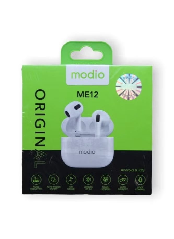 modio - ME12 Bluetooth Wireless Earphone || Premium Stereo Sound, Comfortable Fit, Long Battery Life, Noise Isolation, Touch Controls – Perfect for Android, iOS, and Bluetooth Devices – Ideal for Music, Calls & Hands-Free Use – White - Image 1